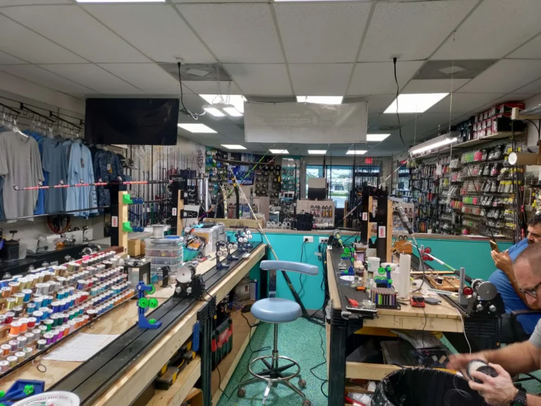 Wide view of the shop counter and tackle displays