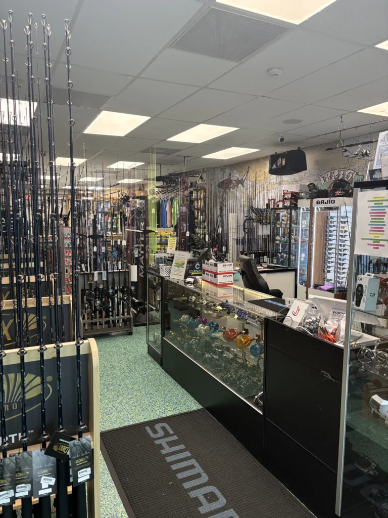 Shop aisle lined with tackle and fishing equipment