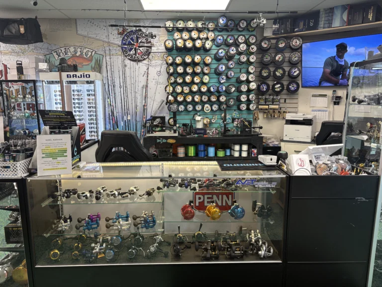 Shop counter with fishing line and tackle displays