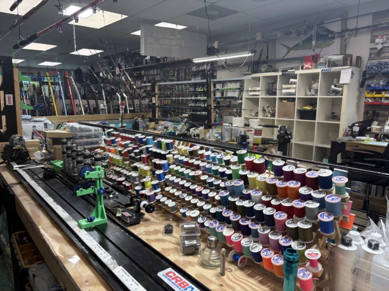 Shelves and pegboard filled with fishing tackle